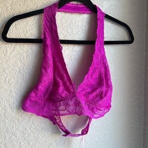 Victoria's Secret PINK Halter Lace Stretchy‎ Unpadded Bralette Fuchsia Size L